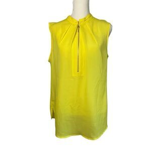 Anne Klein Zipper Front Pleated Sleeveless Blouse Top Yellow Size Large